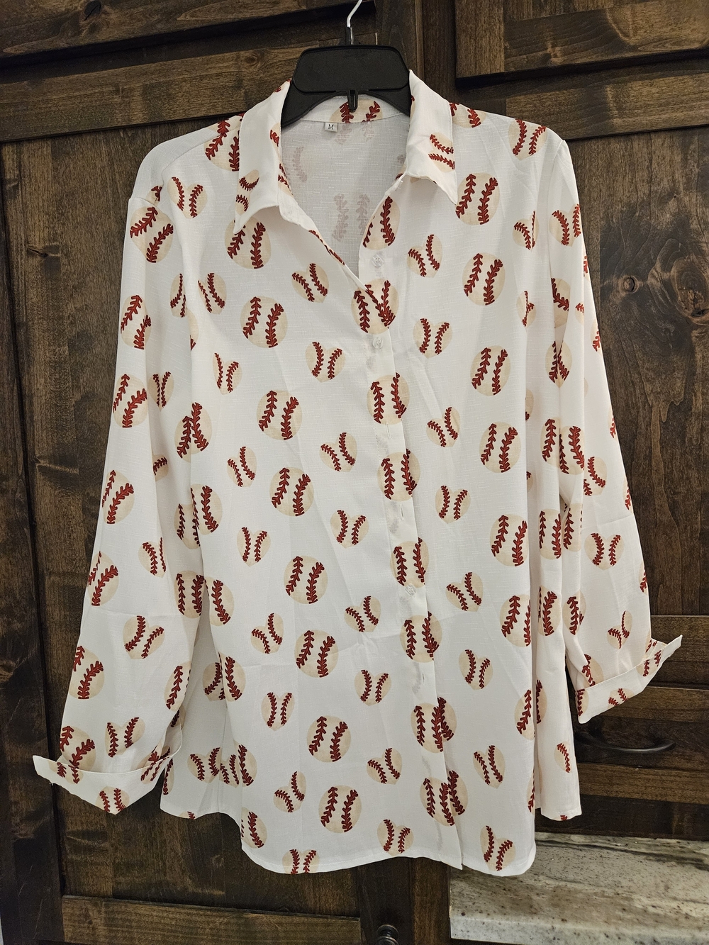Women's White Baseball-Print Button-Up Shirt